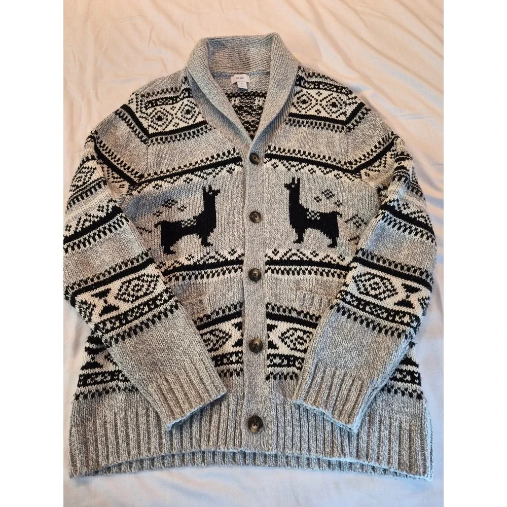 Old Navy Llama Fair Isle Shawl Collar Cardigan Sweater Gray Wool Blend Mens XL